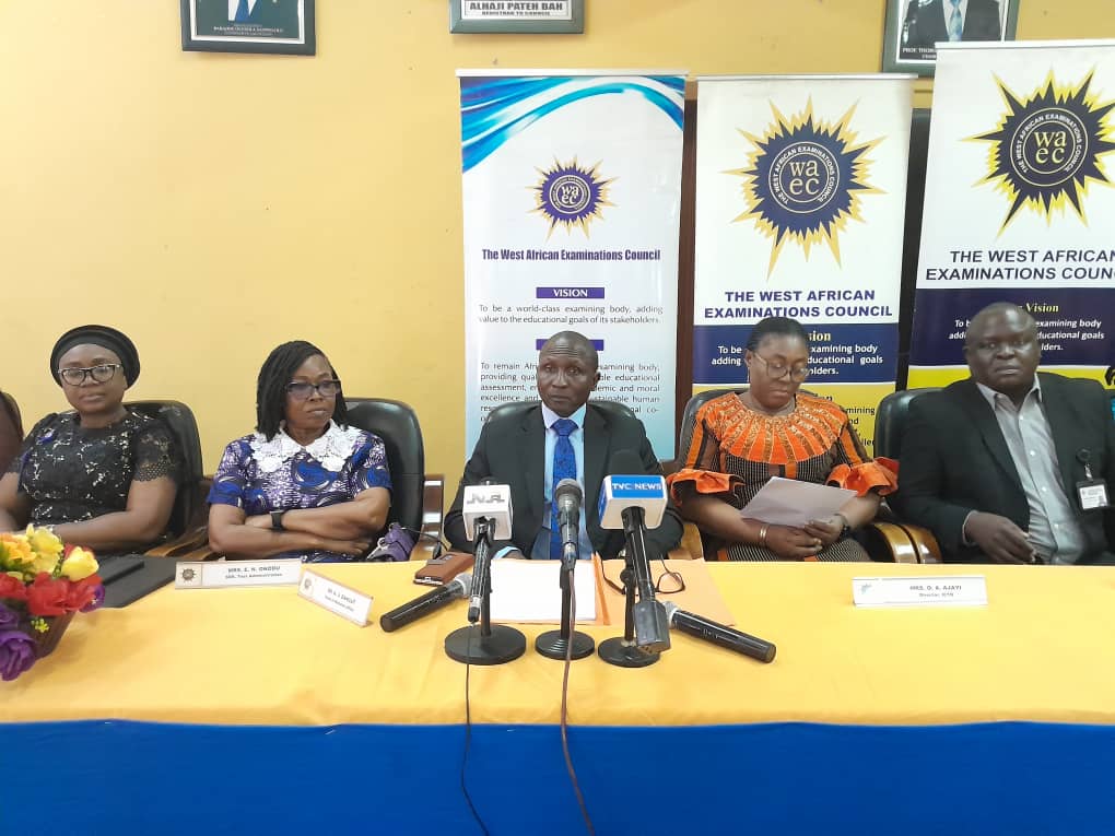 Dangut middle and members of the Council at the press conference. WAEC